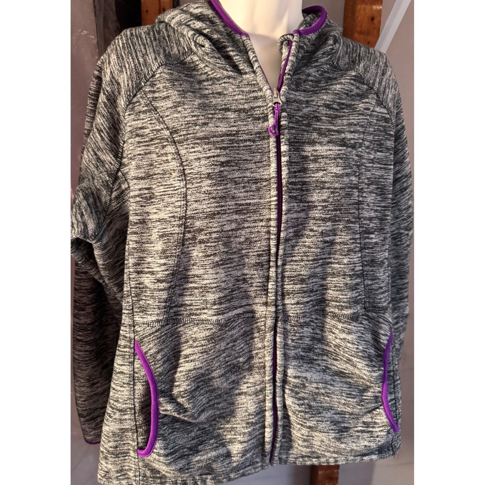 Free Country Womens XL Full Zip Hooded Fleece Jacket Gray Space Dye Purple Trim
